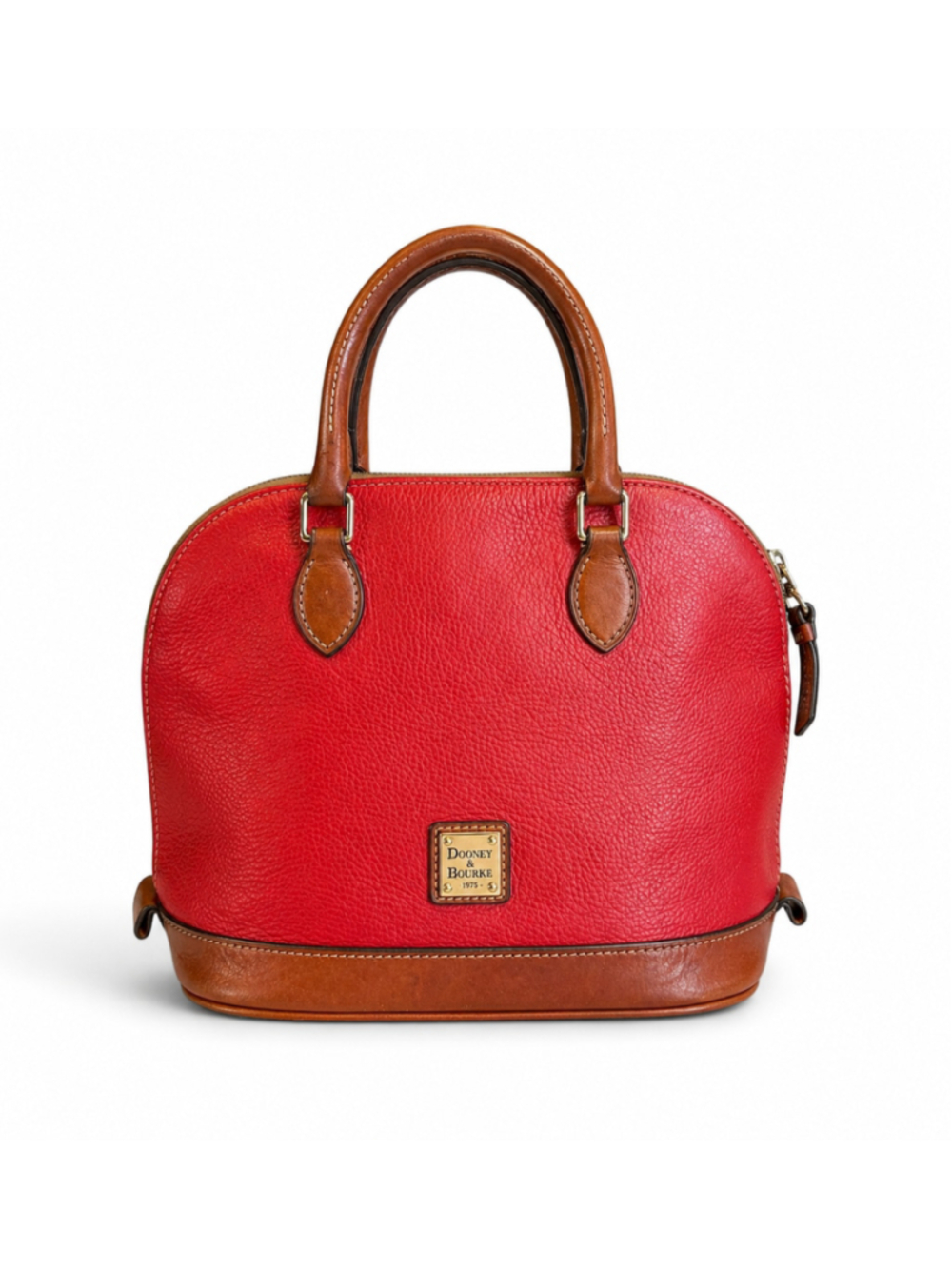 Dooney & Bourke Red Pebbled Leather Satchel Dome Bag Brown Leather Trim Zip Top